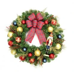 Home Accents Holiday 30 in. Festive Nutcracker Battery Operated Pine LED Pre-Lit Artificial Christmas Wreath with Timer